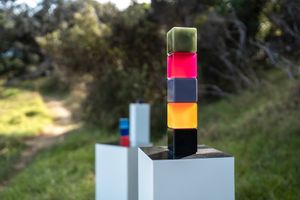 Johl Dwyer, _Colour Tower_ (2022). Sculpture on the Gulf, Waiheke, Auckland (4–27 March 2022). Photo: Peter Rees.